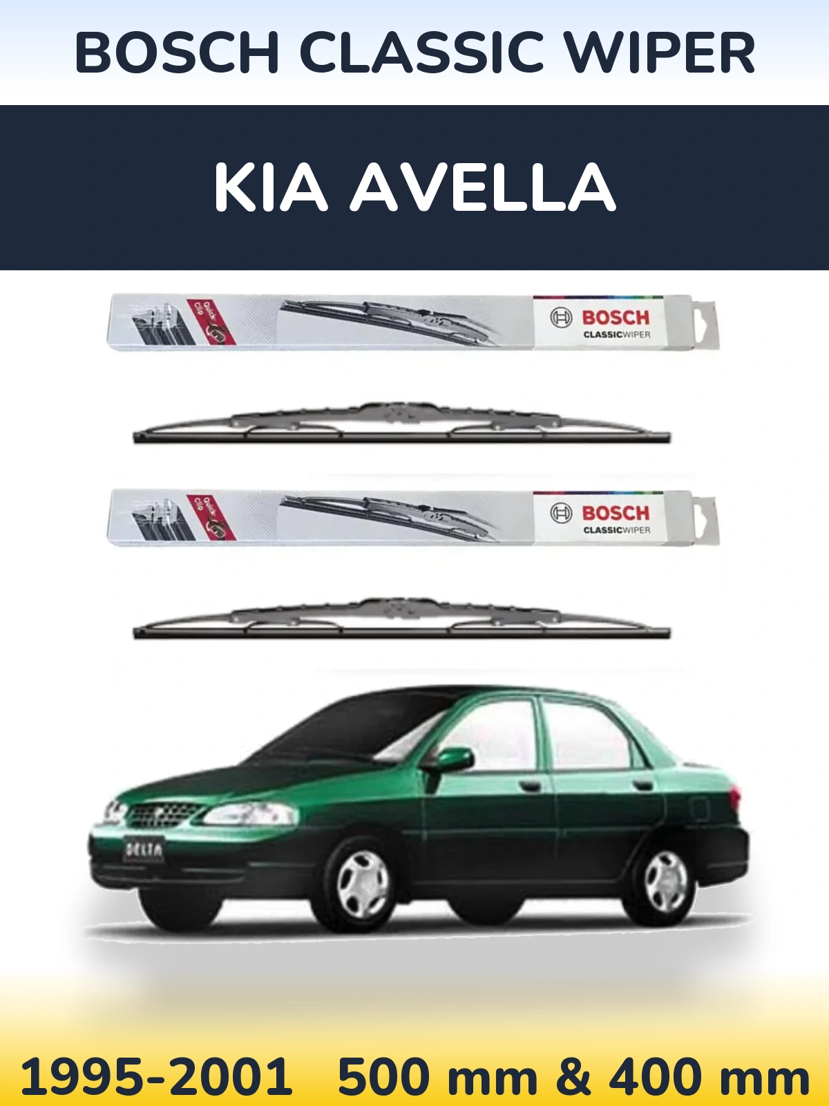 Front wiper blade set BOSCH Classic Wiper 500 & 400 mm for KIA Avella 1995-2001