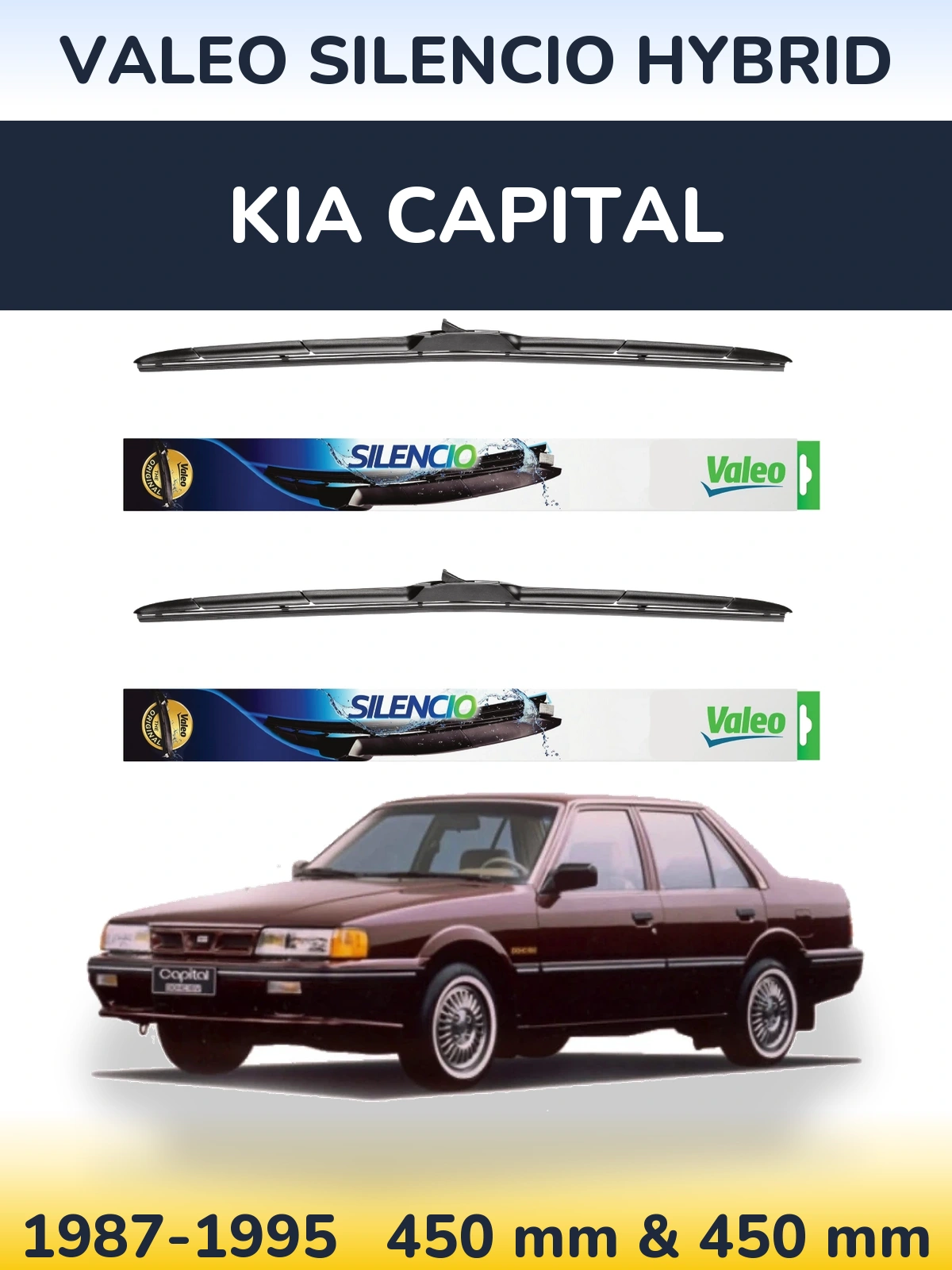 Front wiper blade set Valeo Silencio Hybrid 450 & 450 mm for KIA Capital 1987-1995