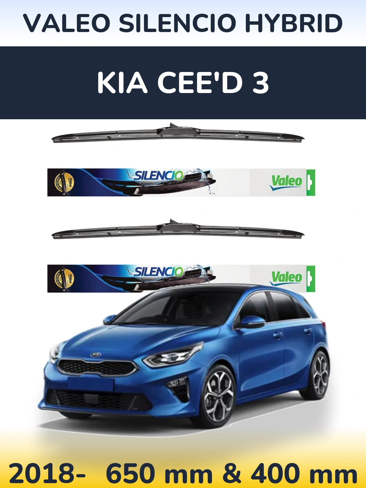 Front wiper blade set Valeo Silencio Hybrid 650 & 400 mm for KIA Cee'd 3 2018-2026