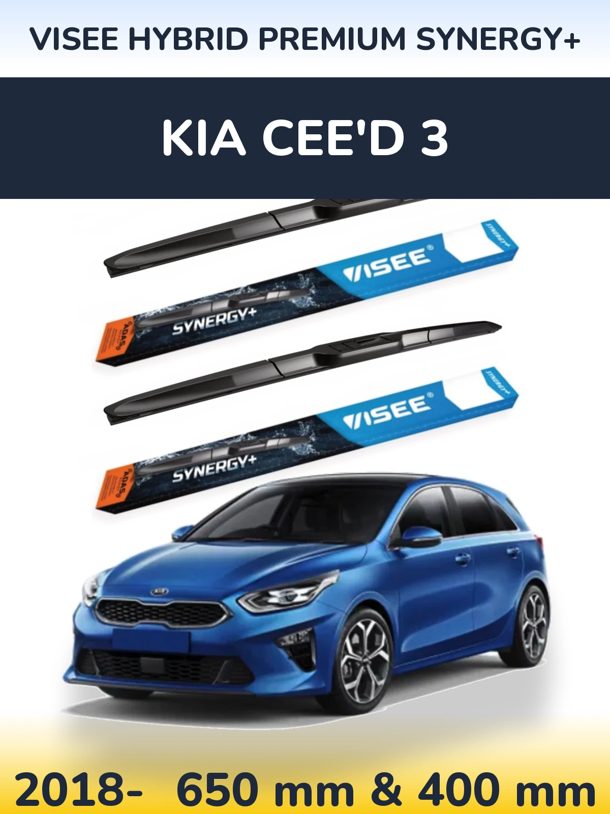 Front wiper blade set VISEE HYBRID PREMIUM SYNERGY+ 650 & 400 mm for KIA Cee'd 3 2018-2026