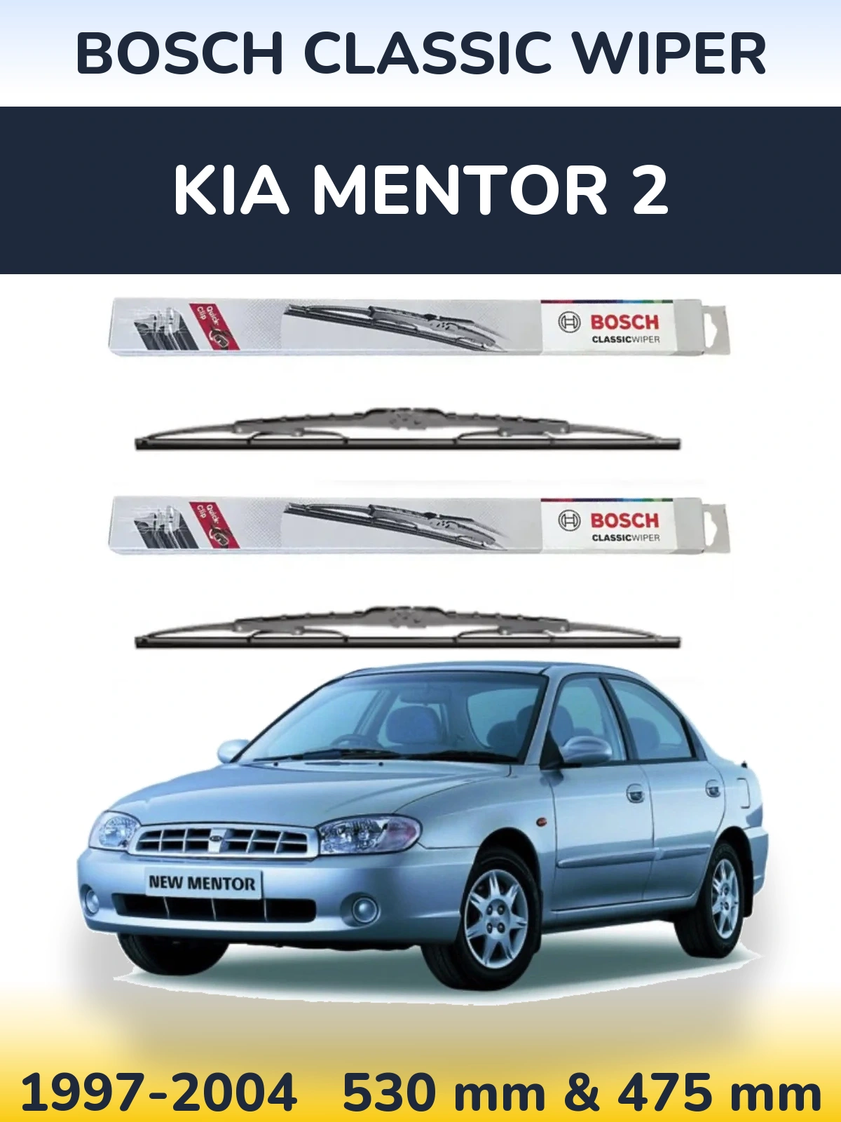 Front wiper blade set BOSCH Classic Wiper 530 & 475 mm for KIA Mentor 2 1997-2004