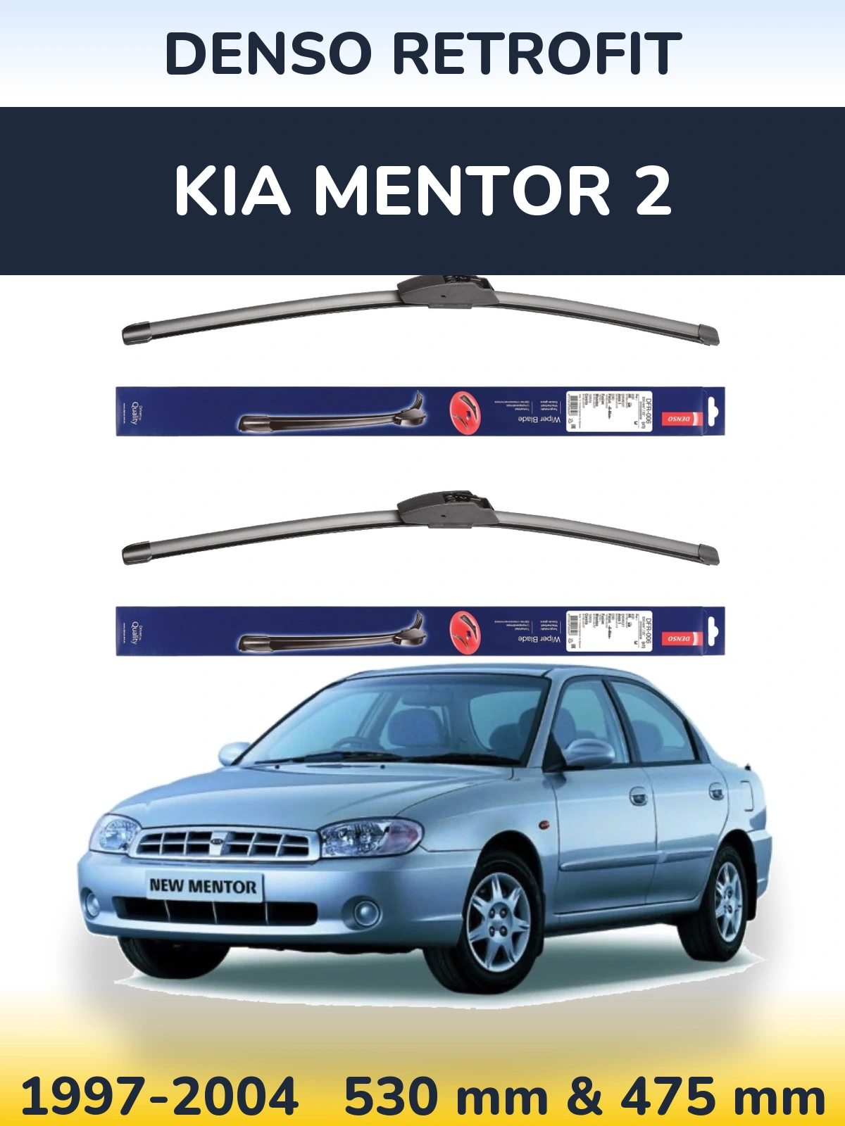 Front wiper blade set Denso Retrofit 530 & 475 mm for KIA Mentor 2 1997-2004