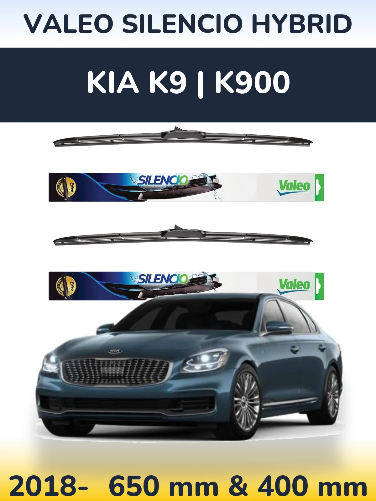 Front wiper blade set Valeo Silencio Hybrid 650 & 400 mm for KIA K9 | K900 2018-2026