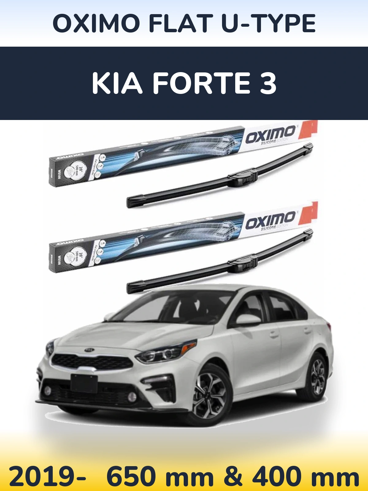 Front wiper blade set Oximo Flat U-type 650 & 400 mm for KIA Forte 3 2019-2026