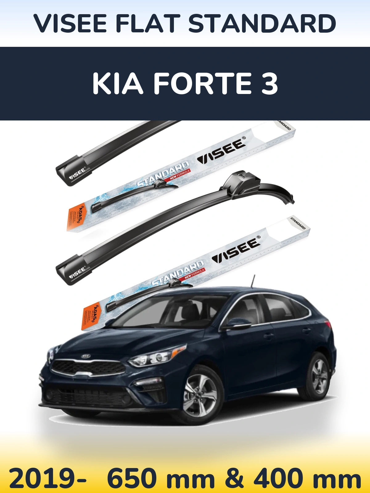 Front wiper blade set VISEE FLAT STANDARD 650 & 400 mm for KIA Forte 3 2019-2026