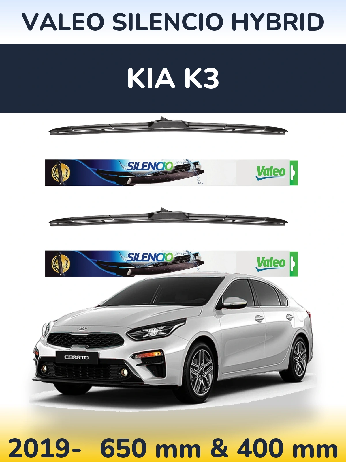 Front wiper blade set Valeo Silencio Hybrid 650 & 400 mm for KIA K3 2019-2026