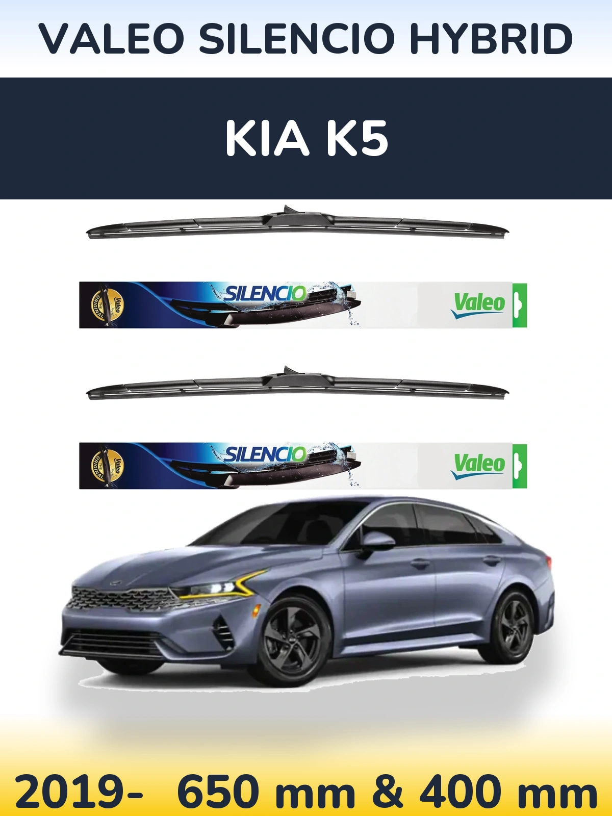 Front wiper blade set Valeo Silencio Hybrid 650 & 400 mm for KIA K5 2019-2026