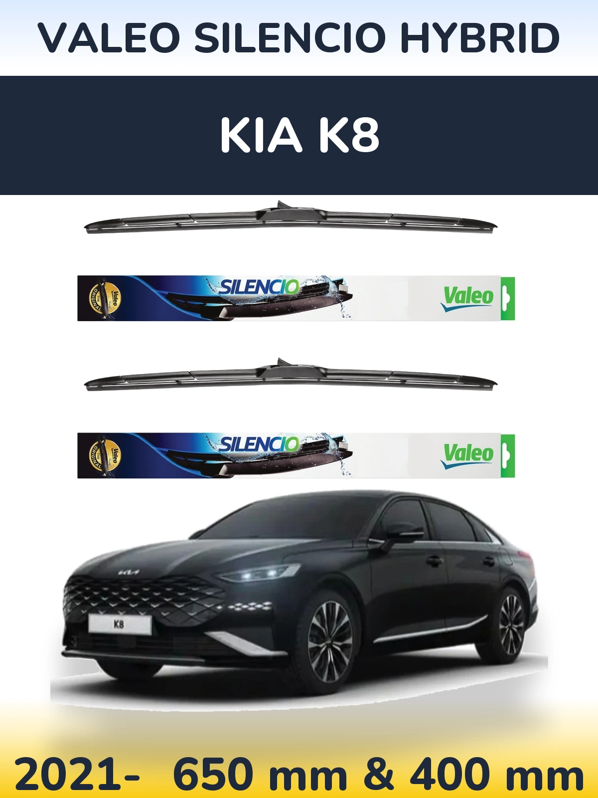 Front wiper blade set Valeo Silencio Hybrid 650 & 400 mm for KIA K8 2021-2026