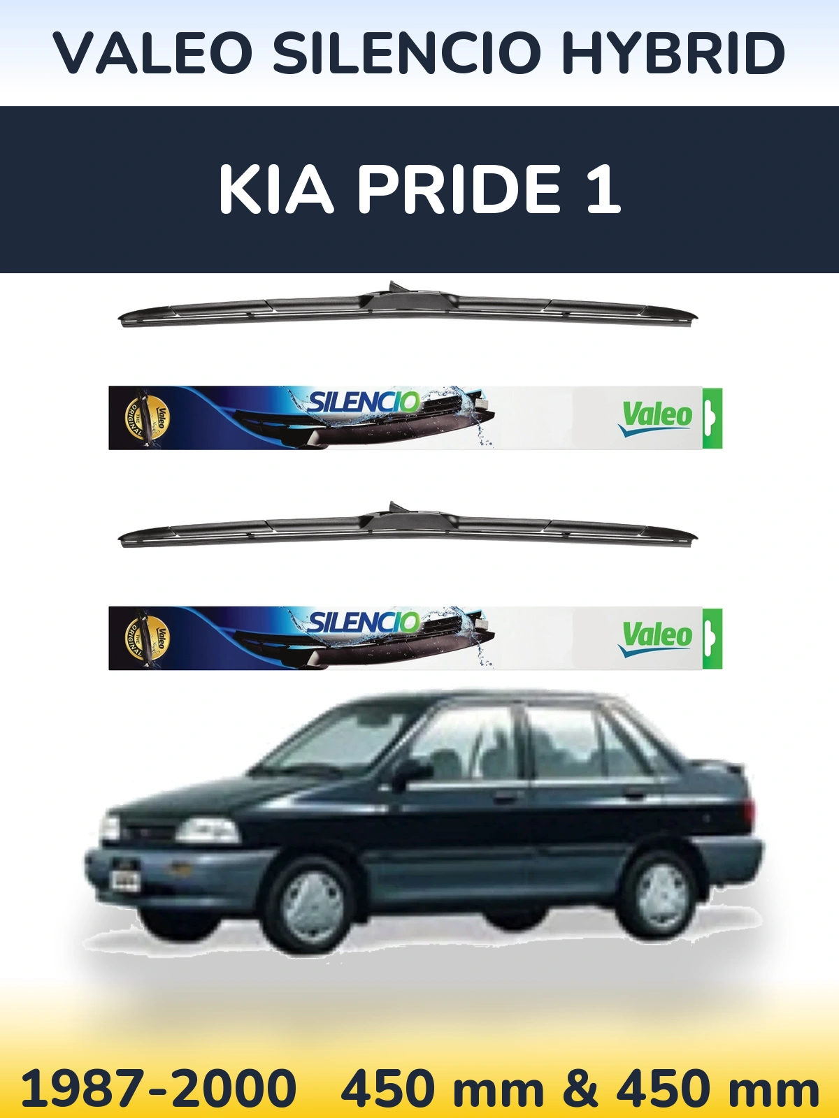 Front wiper blade set Valeo Silencio Hybrid 450 & 450 mm for KIA Pride 1 1987-2000