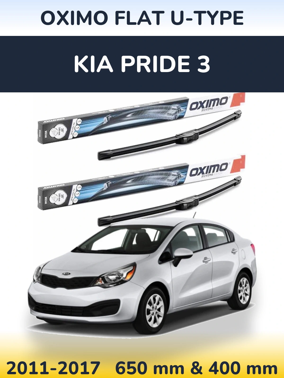 Front wiper blade set Oximo Flat U-type 650 & 400 mm for KIA Pride 3 2011-2017