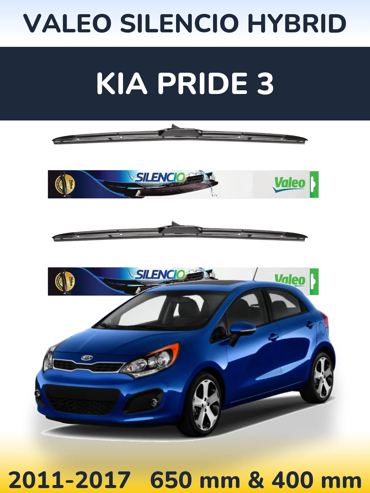 Front wiper blade set Valeo Silencio Hybrid 650 & 400 mm for KIA Pride 3 2011-2017