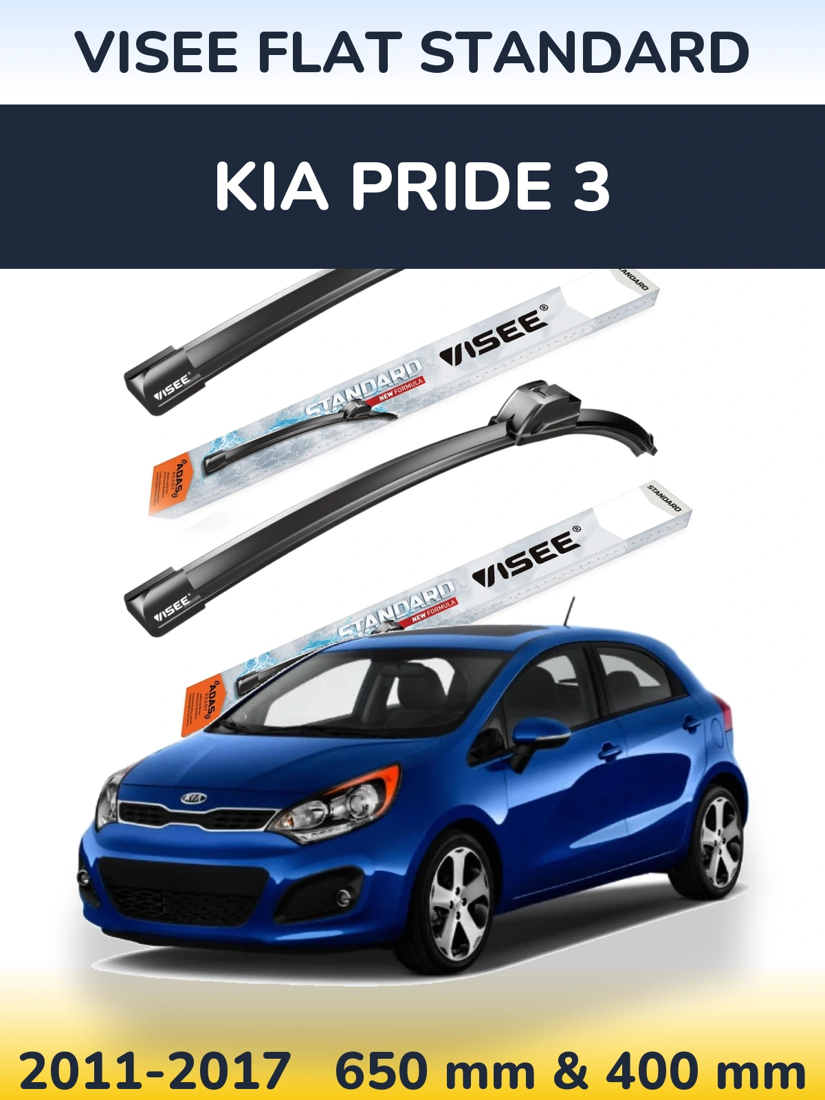 Front wiper blade set VISEE FLAT STANDARD 650 & 400 mm for KIA Pride 3 2011-2017