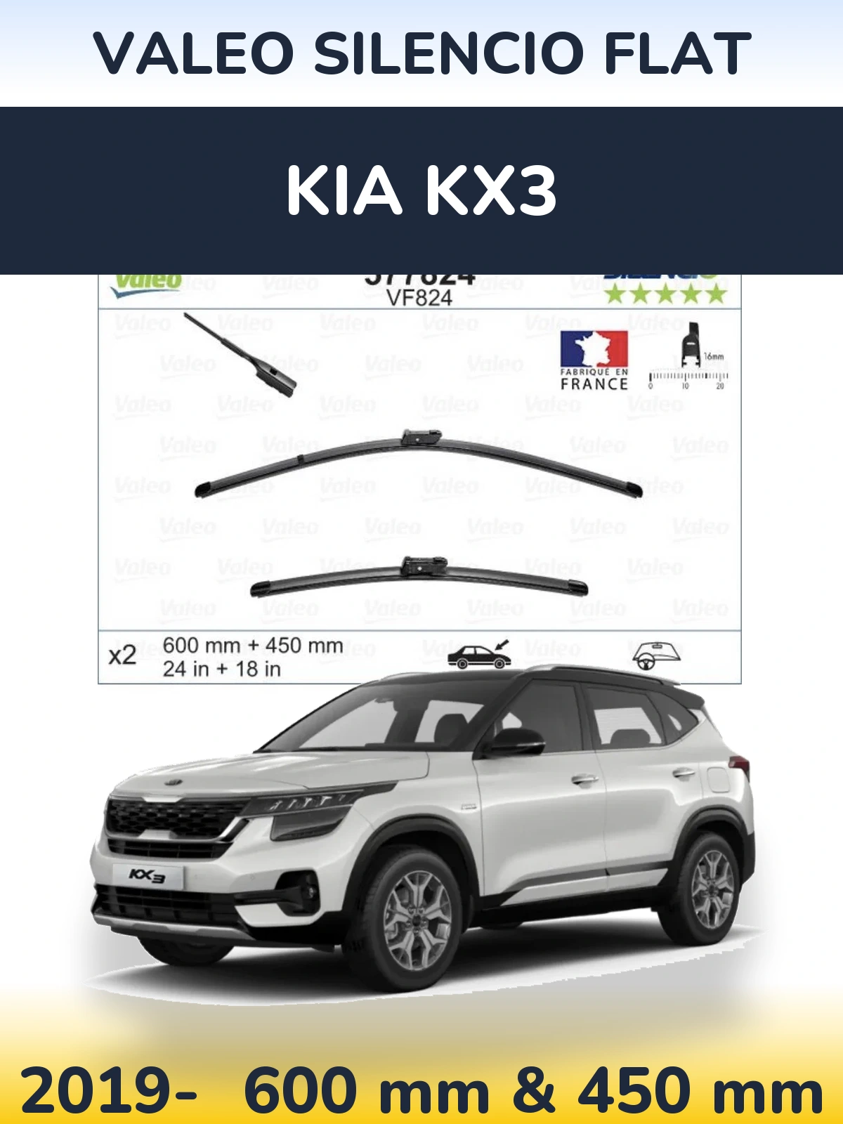 Front wiper blade set Valeo Silencio Flat 600 & 450 mm for KIA KX3 2019-2026