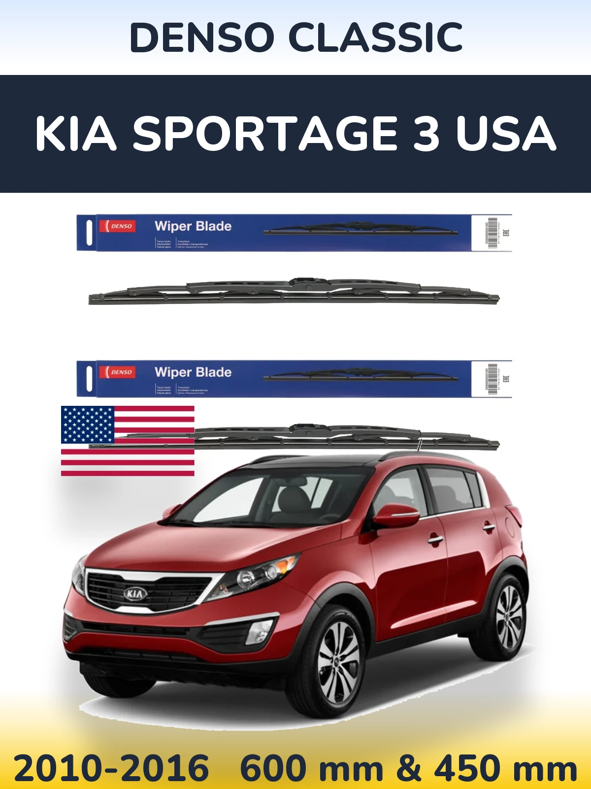 Front wiper blade set Denso Classic 600 & 450 mm for KIA Sportage 3 USA 2010-2016