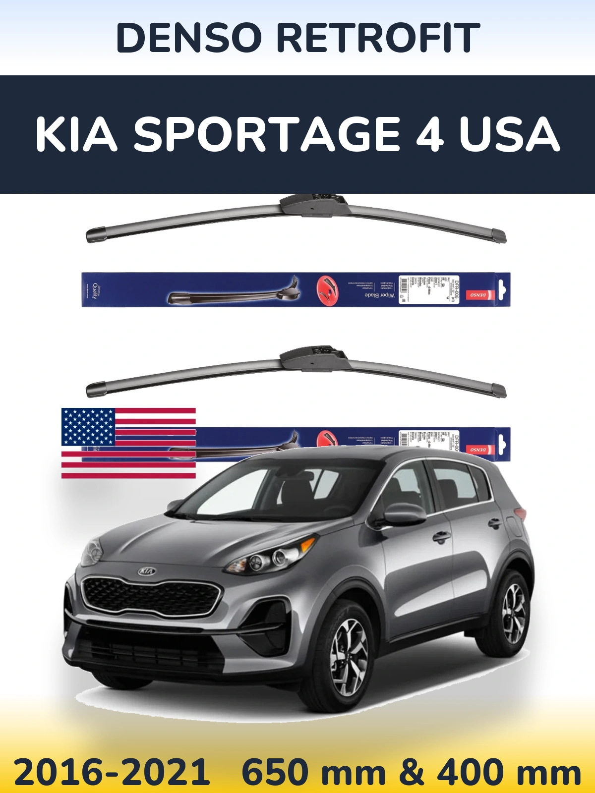 Front wiper blade set Denso Retrofit 650 & 400 mm for KIA Sportage 4 USA 2016-2021