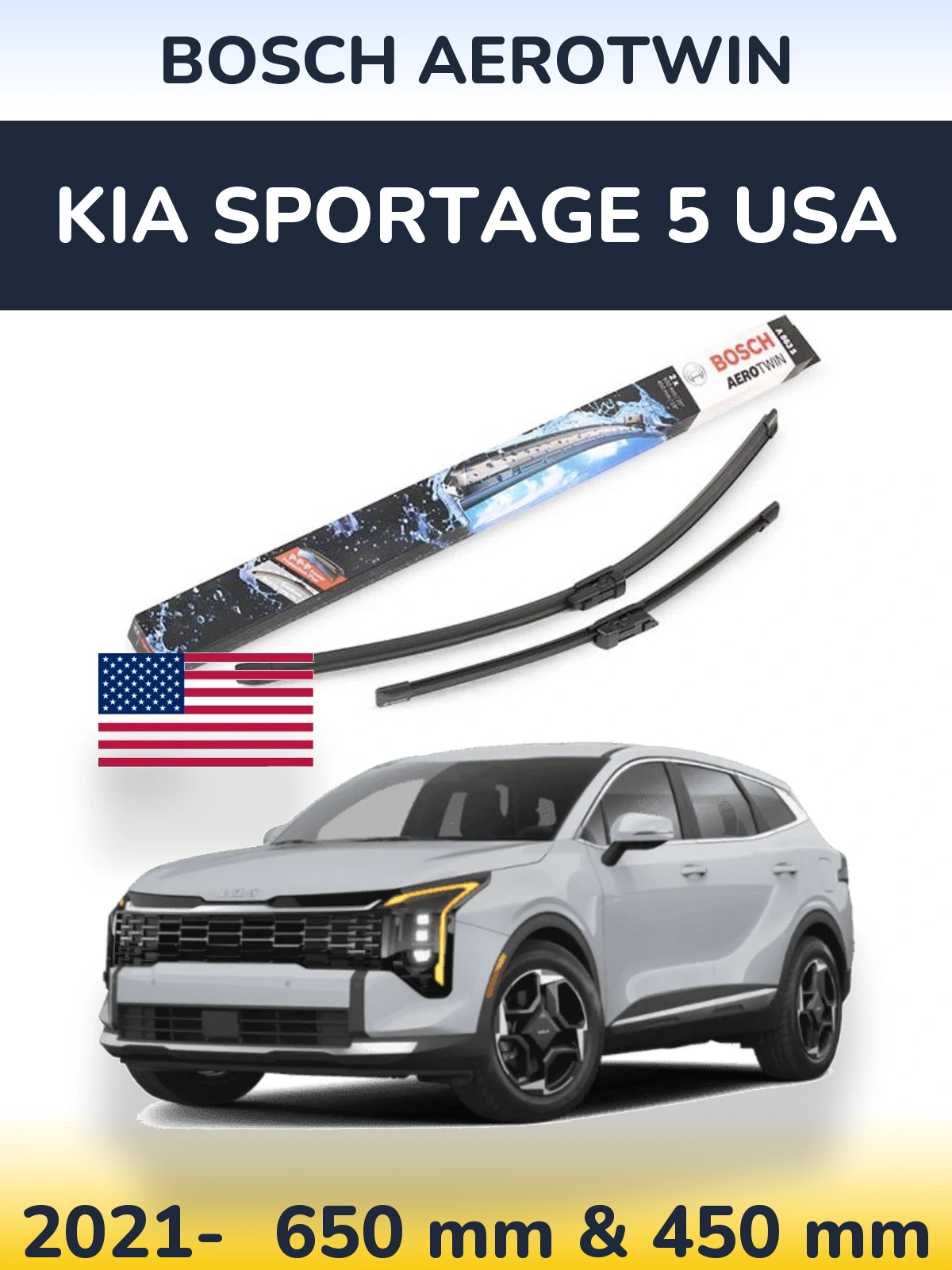 Комплект передніх щіток BOSCH AeroTwin 650 & 450 мм для KIA Sportage 5 USA 2021-2026