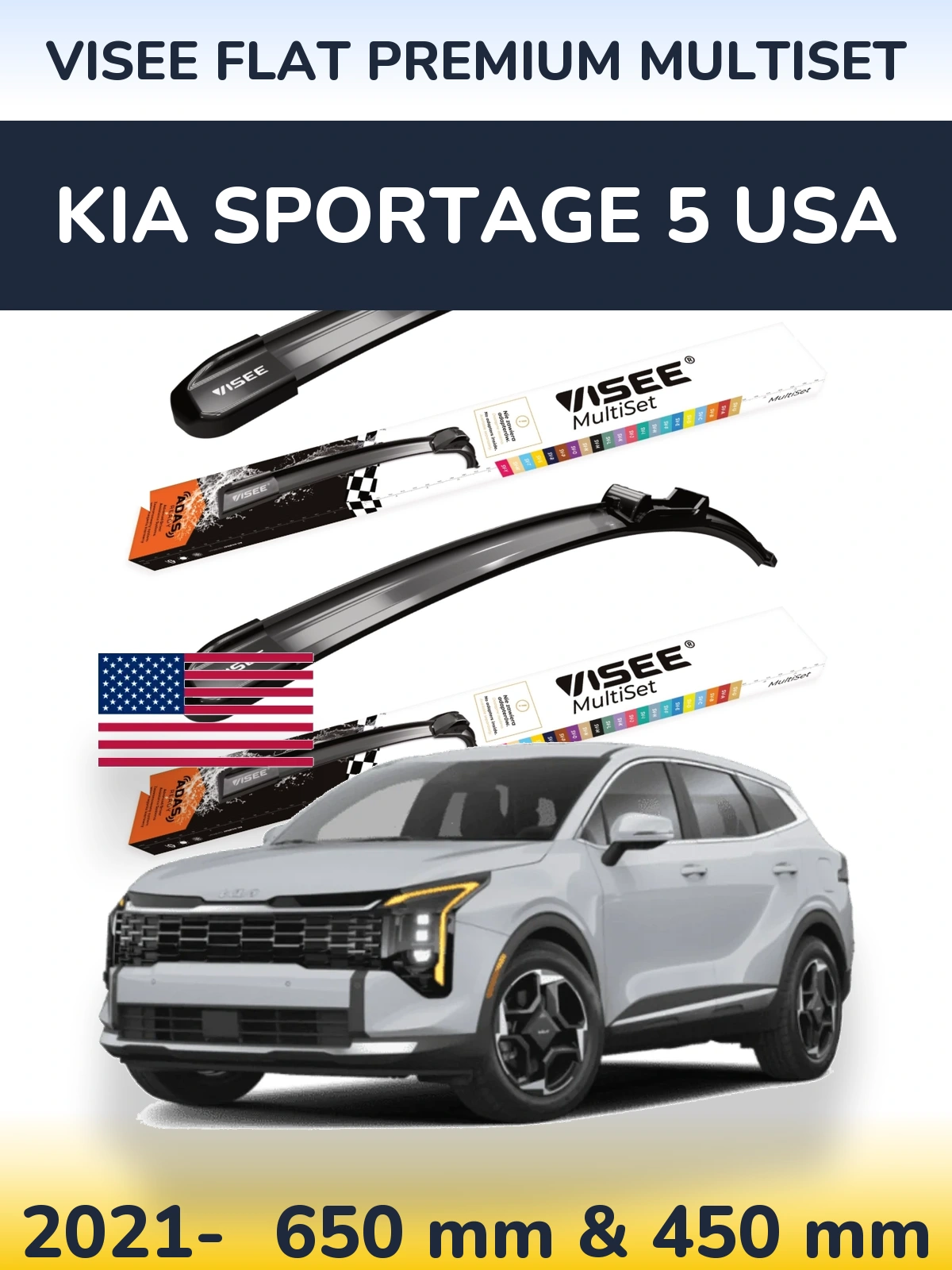 Front wiper blade set VISEE FLAT PREMIUM MultiSet 650 & 450 mm for KIA Sportage 5 USA 2021-2026
