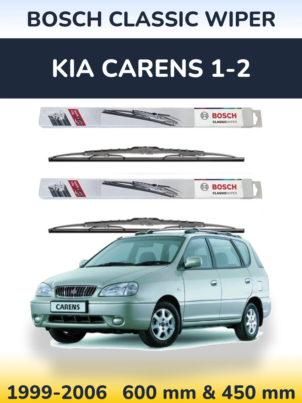 Front wiper blade set BOSCH Classic Wiper 600 & 450 mm for KIA Carens 1-2 1999-2006