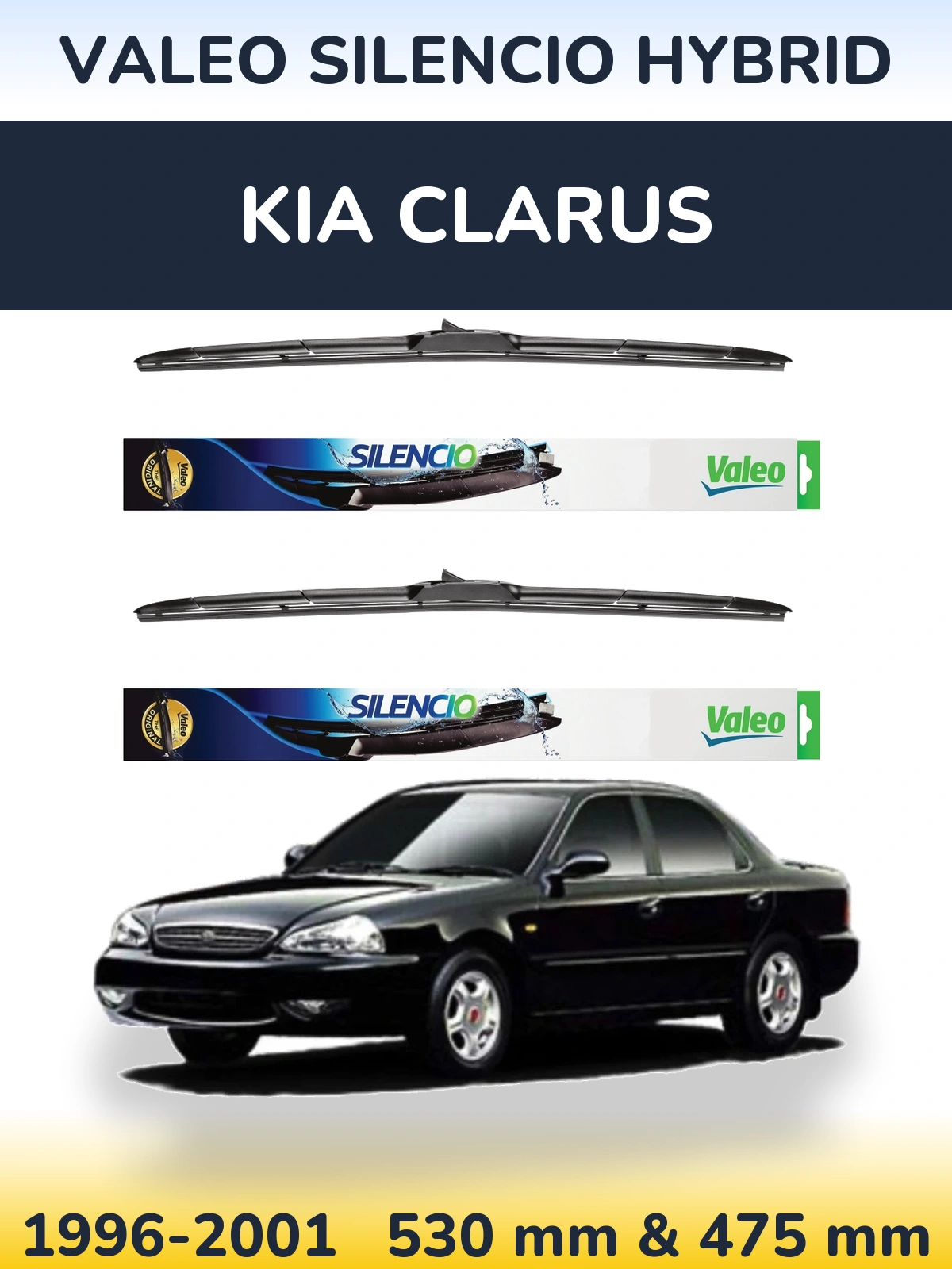 Front wiper blade set Valeo Silencio Hybrid 530 & 475 mm for KIA Clarus 1996-2001