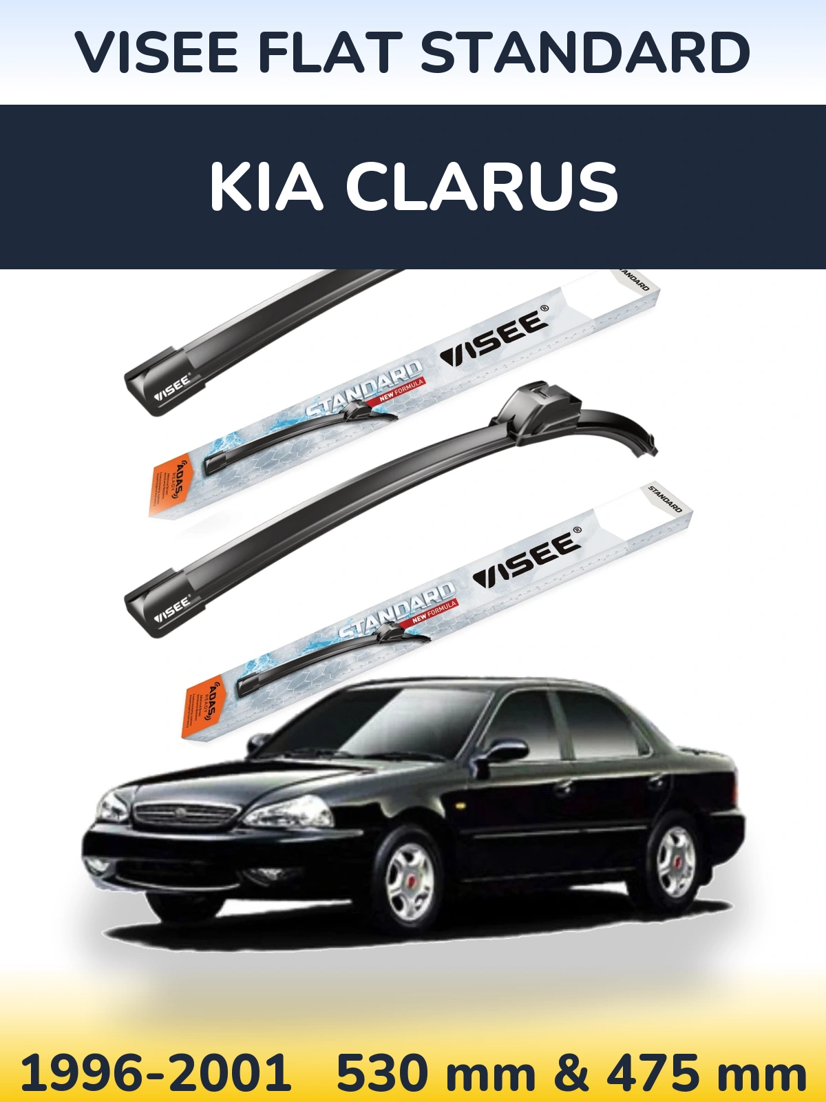Front wiper blade set VISEE FLAT STANDARD 530 & 475 mm for KIA Clarus 1996-2001