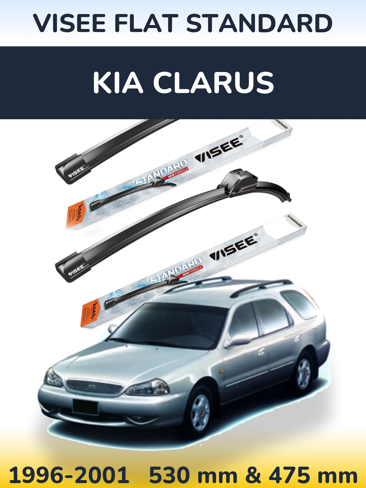Front wiper blade set VISEE FLAT STANDARD 530 & 475 mm for KIA Clarus 1996-2001