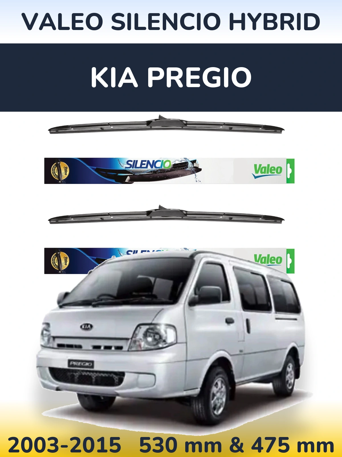 Front wiper blade set Valeo Silencio Hybrid 530 & 475 mm for KIA Pregio 2003-2015