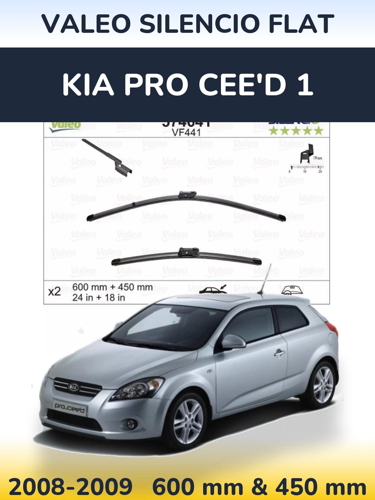 Front wiper blade set Valeo Silencio Flat 600 & 450 mm for KIA Pro Cee'd 1 2008-2009