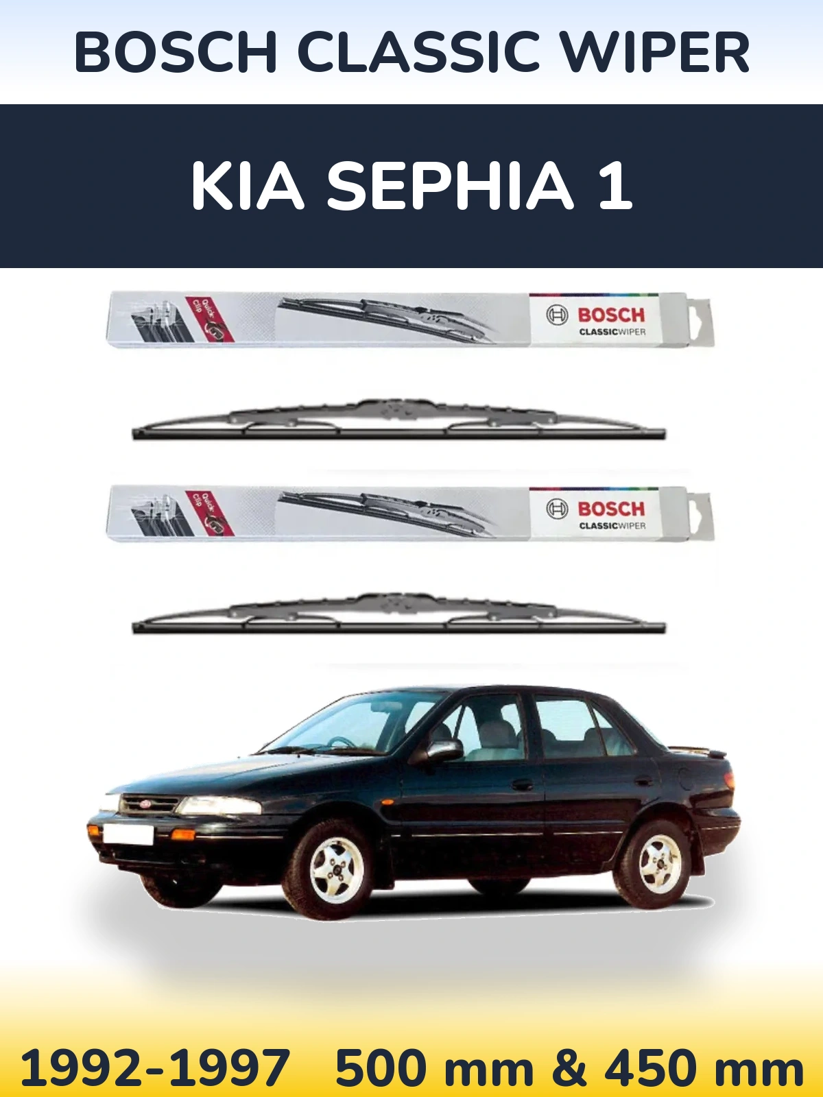 Front wiper blade set BOSCH Classic Wiper 500 & 450 mm for KIA Sephia 1 1992-1997
