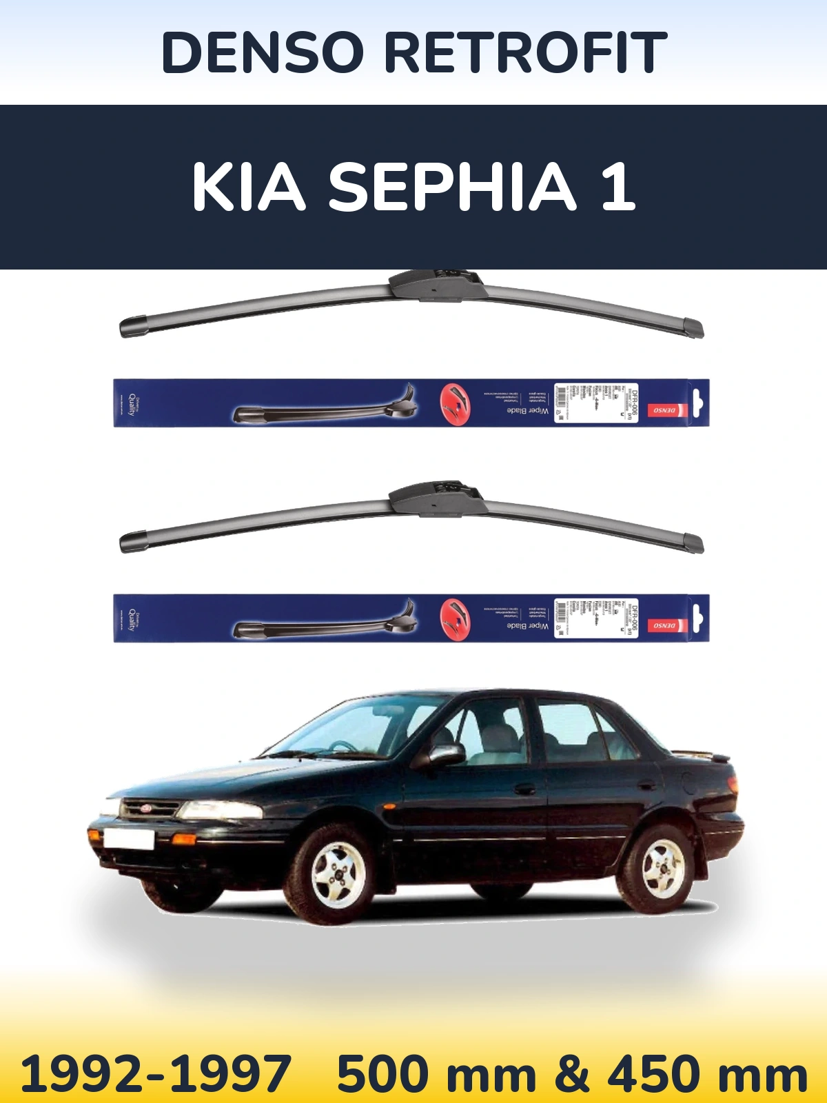 Front wiper blade set Denso Retrofit 500 & 450 mm for KIA Sephia 1 1992-1997