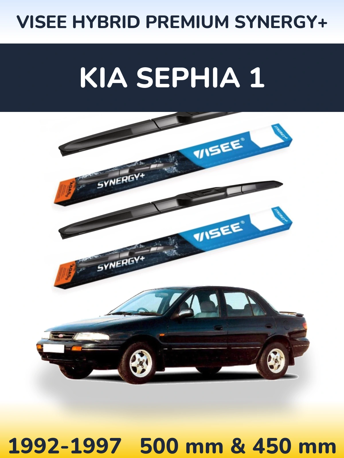 Front wiper blade set VISEE HYBRID PREMIUM SYNERGY+ 500 & 450 mm for KIA Sephia 1 1992-1997