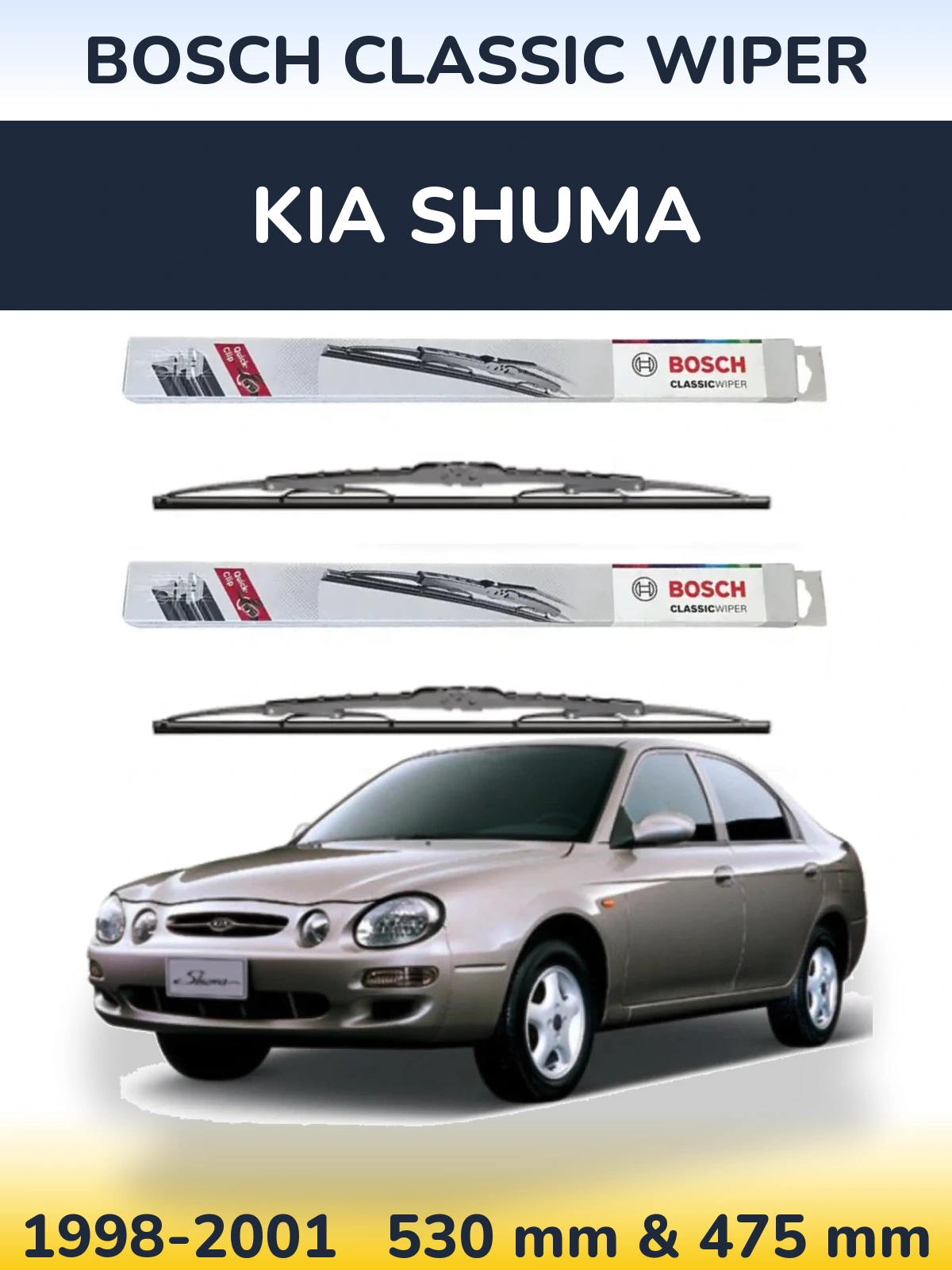 Front wiper blade set BOSCH Classic Wiper 530 & 475 mm for KIA Shuma 1998-2001