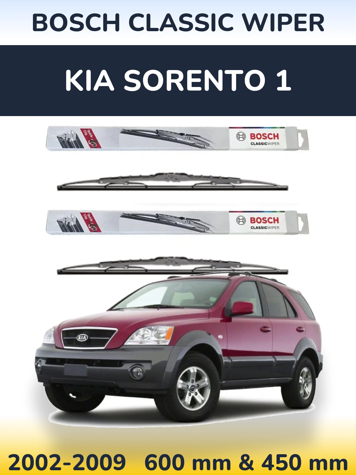 Front wiper blade set BOSCH Classic Wiper 600 & 450 mm for KIA Sorento 1 2002-2009