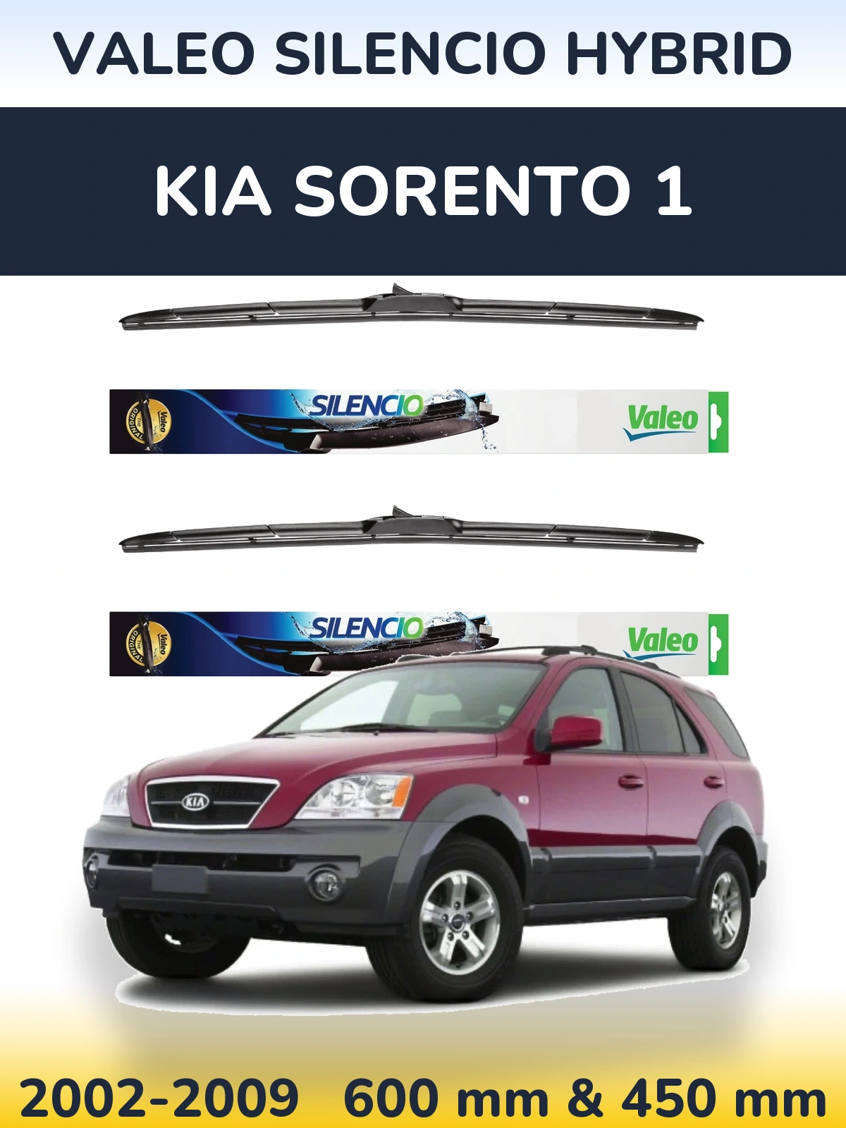 Front wiper blade set Valeo Silencio Hybrid 600 & 450 mm for KIA Sorento 1 2002-2009