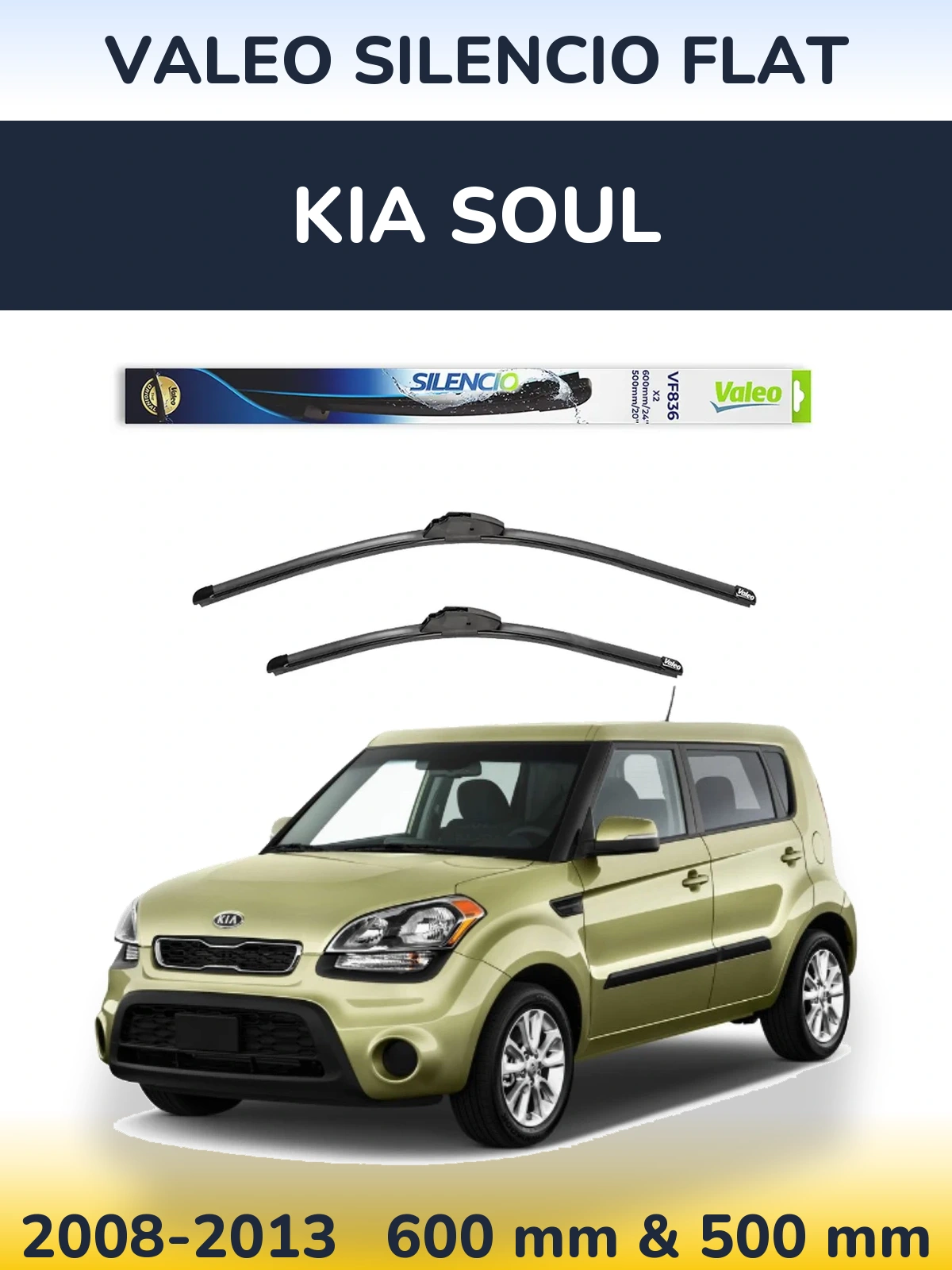 Front wiper blade set Valeo Silencio Flat 600 & 500 mm for KIA Soul 2008-2013