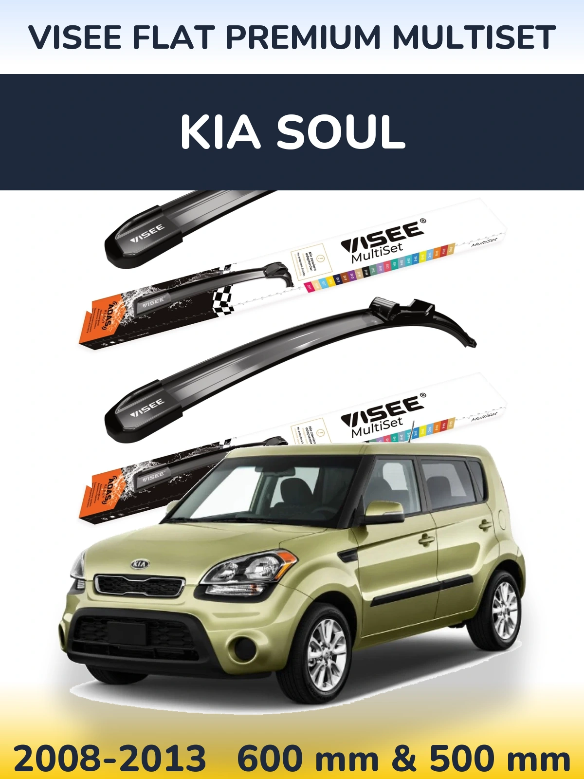 Комплект передних дворников VISEE FLAT PREMIUM MultiSet 600 & 500 мм для KIA Soul 2008-2013