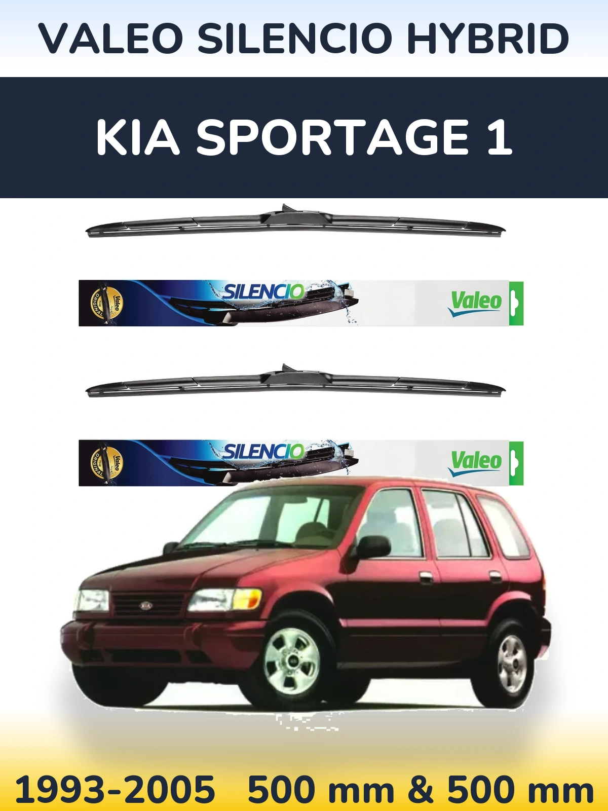 Front wiper blade set Valeo Silencio Hybrid 500 & 500 mm for KIA Sportage 1 1993-2005