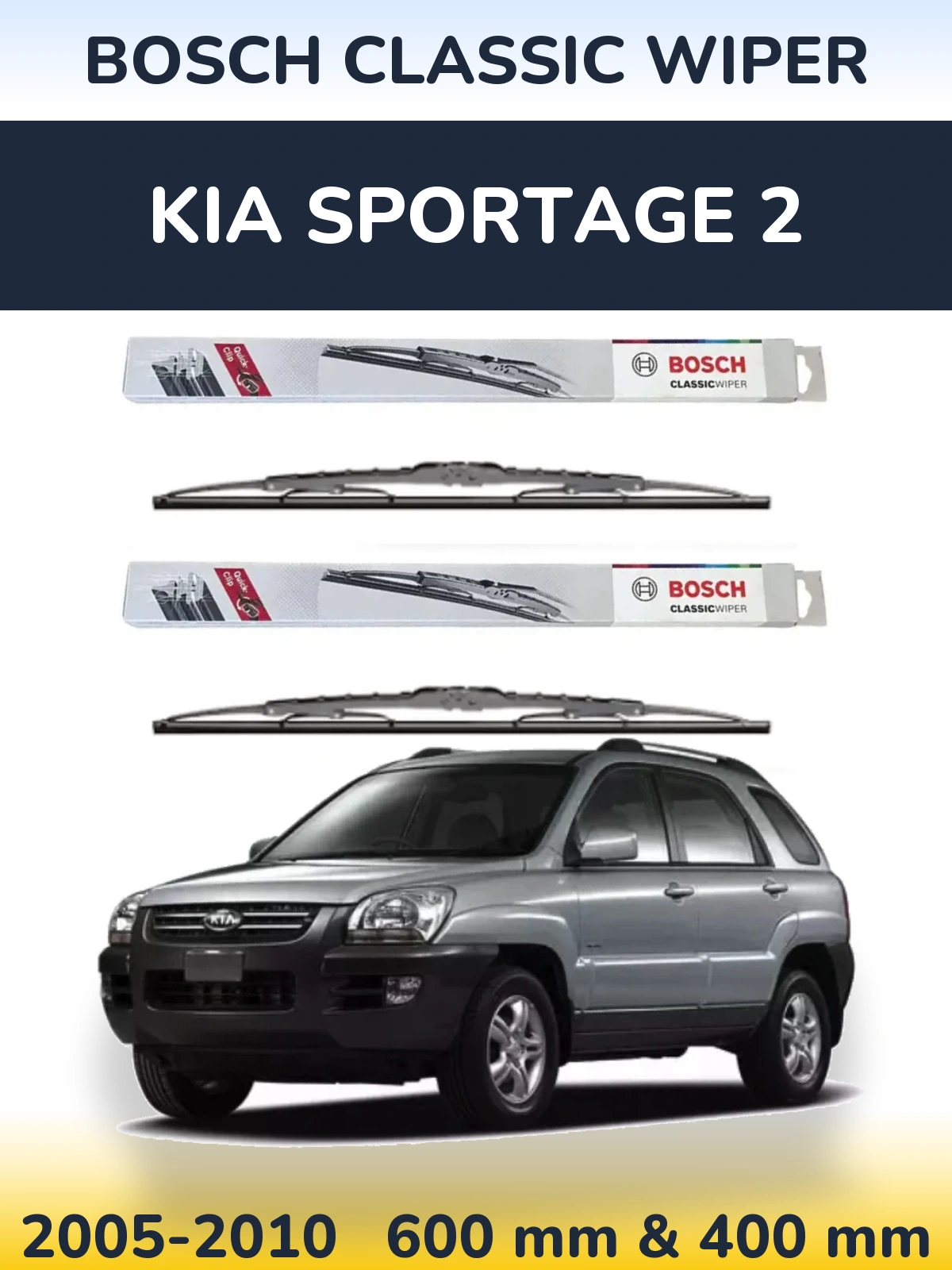 Front wiper blade set BOSCH Classic Wiper 600 & 400 mm for KIA Sportage 2 2005-2010