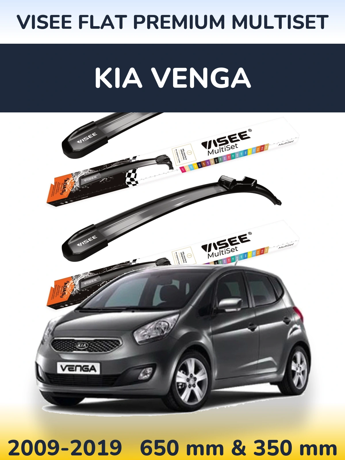 Front wiper blade set VISEE FLAT PREMIUM MultiSet 650 & 350 mm for KIA Venga 2009-2019