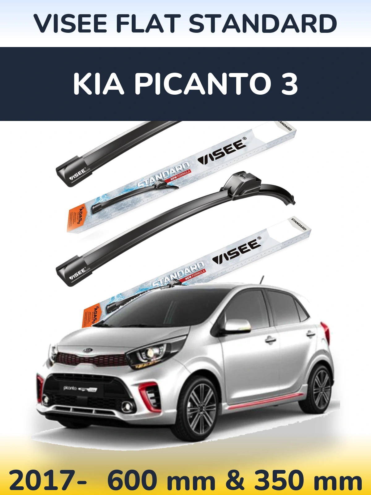 Комплект передних дворников VISEE FLAT STANDARD 600 & 350 мм для KIA Picanto 3 2017-2026