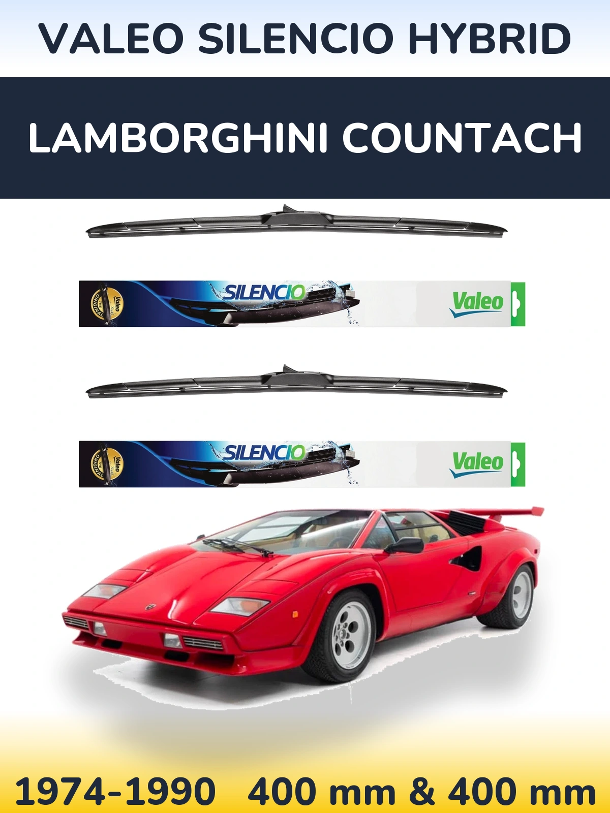 Front wiper blade set Valeo Silencio Hybrid 400 & 400 mm for Lamborghini Countach 1974-1990