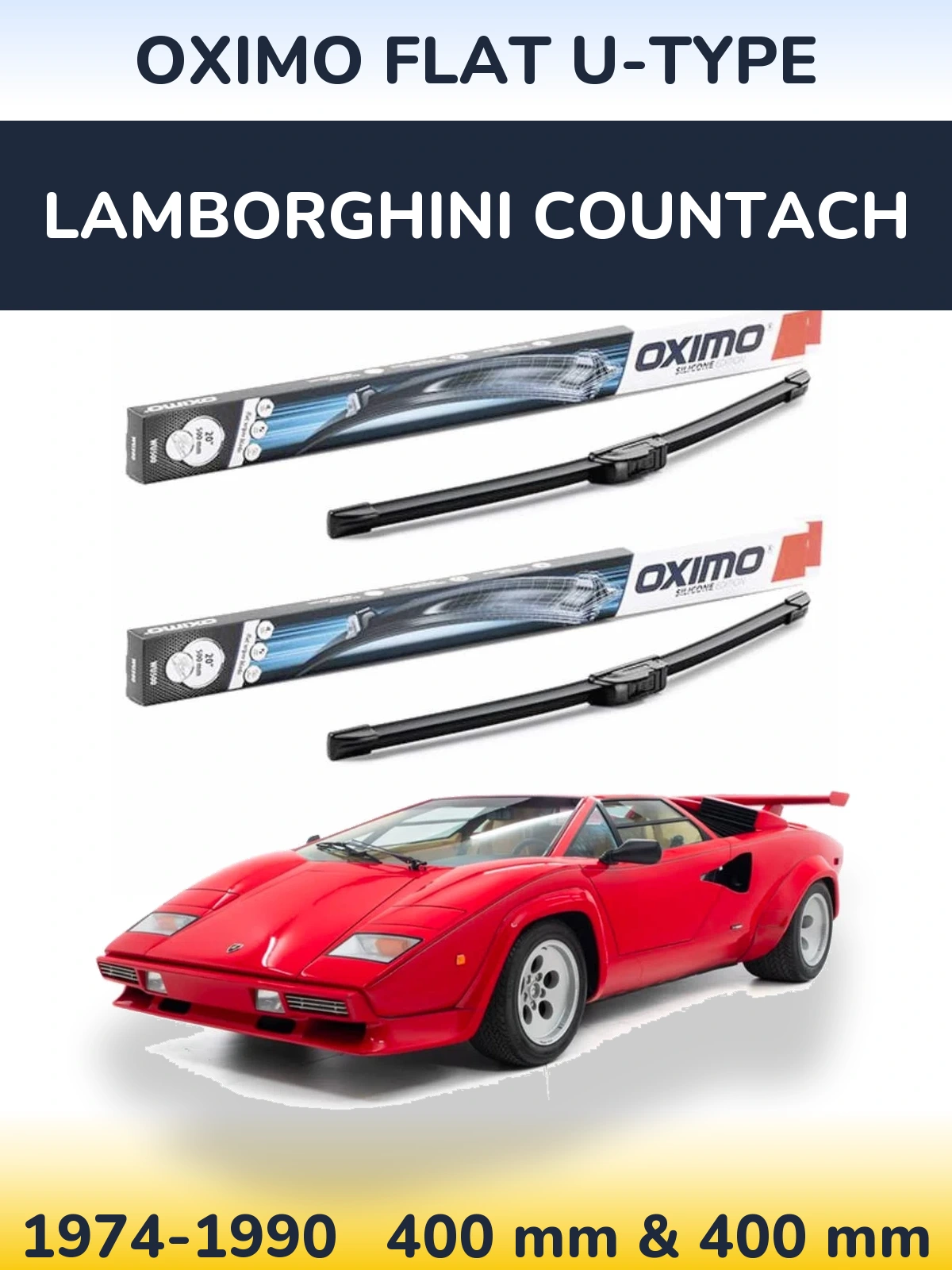 Front wiper blade set Oximo Flat U-type 400 & 400 mm for Lamborghini Countach 1974-1990