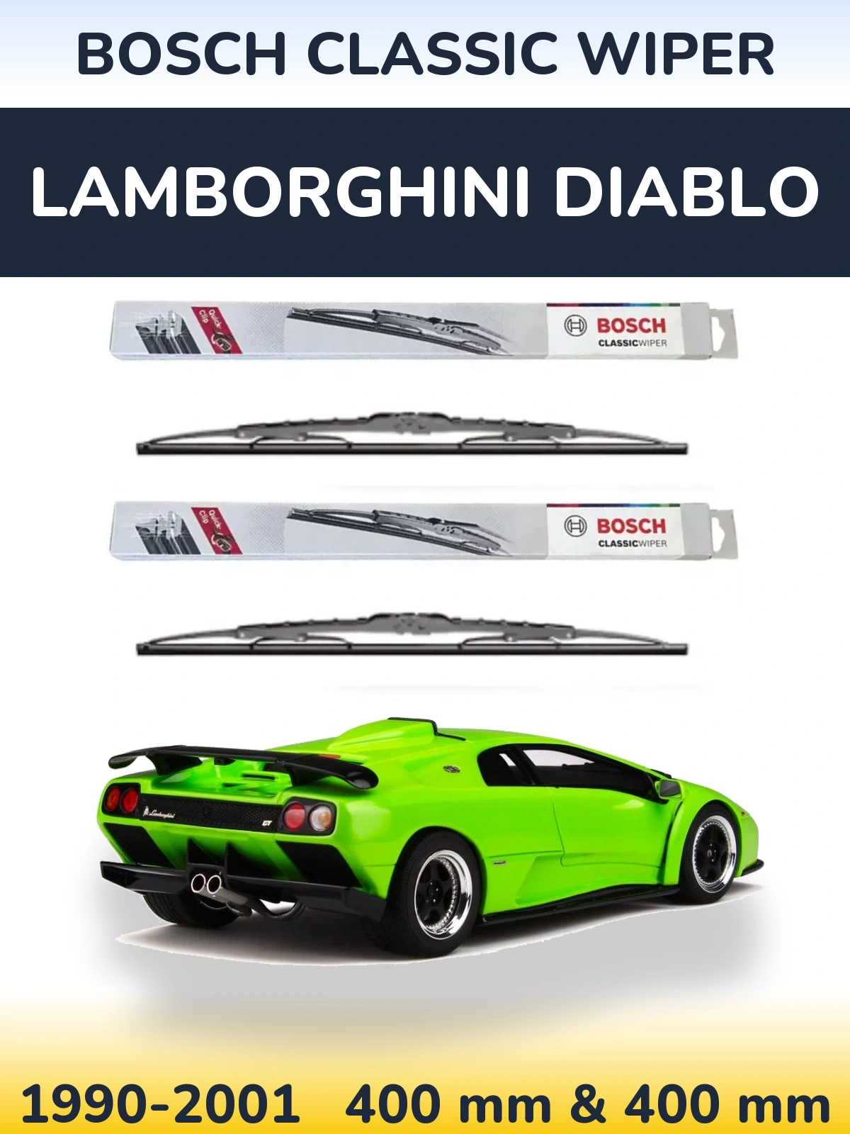 Front wiper blade set BOSCH Classic Wiper 400 & 400 mm for Lamborghini Diablo 1990-2001