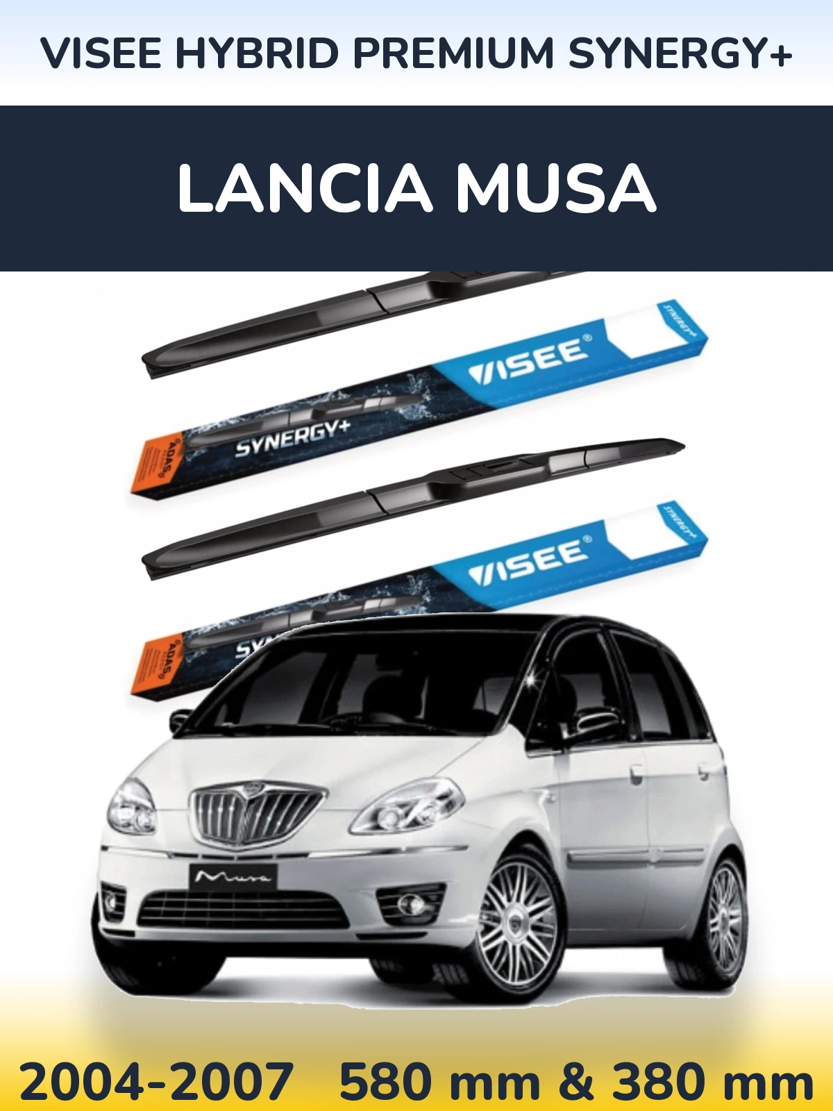 Front wiper blade set VISEE HYBRID PREMIUM SYNERGY+ 580 & 380 mm for Lancia Musa 2004-2007