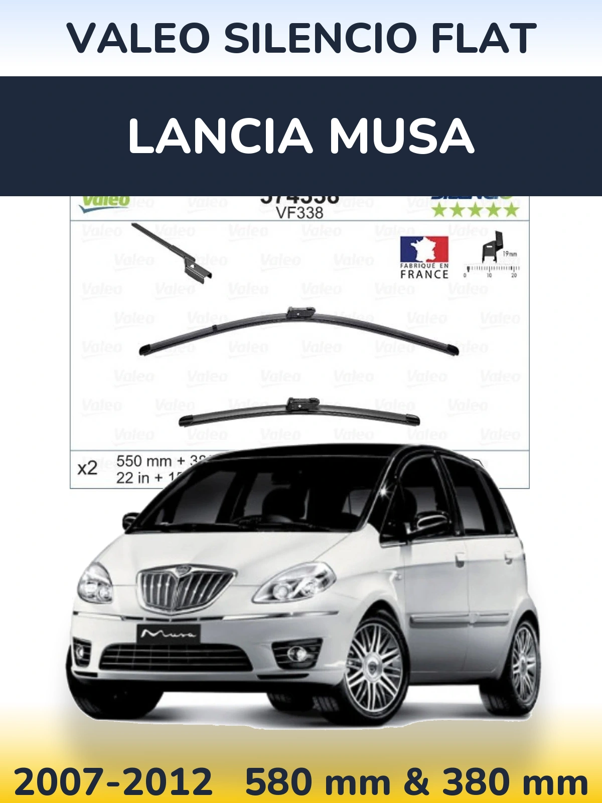 Front wiper blade set Valeo Silencio Flat 550 & 380 mm for Lancia Musa 2007-2012