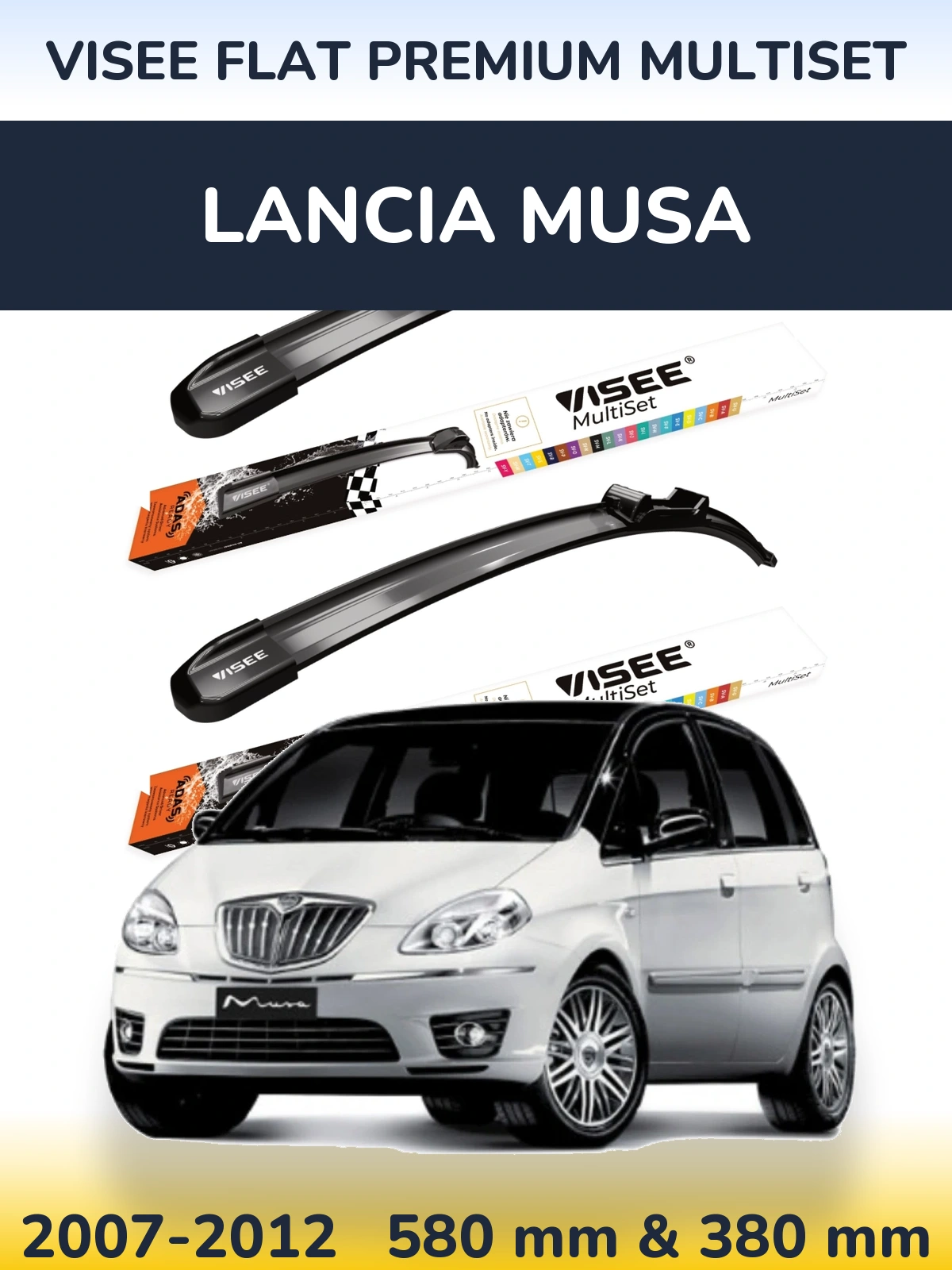 Комплект передніх щіток VISEE FLAT PREMIUM MultiSet 580 & 380 мм для Lancia Musa 2007-2012
