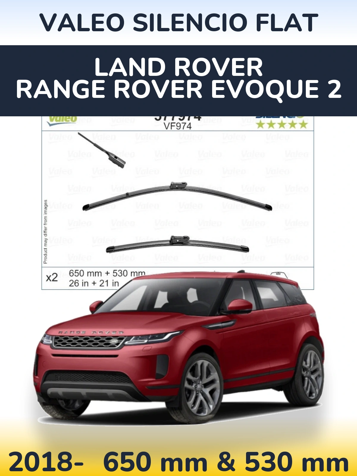 Front wiper blade set Valeo Silencio Flat 650 & 530 mm for Land Rover Range Rover  Evoque 2 2018-2026