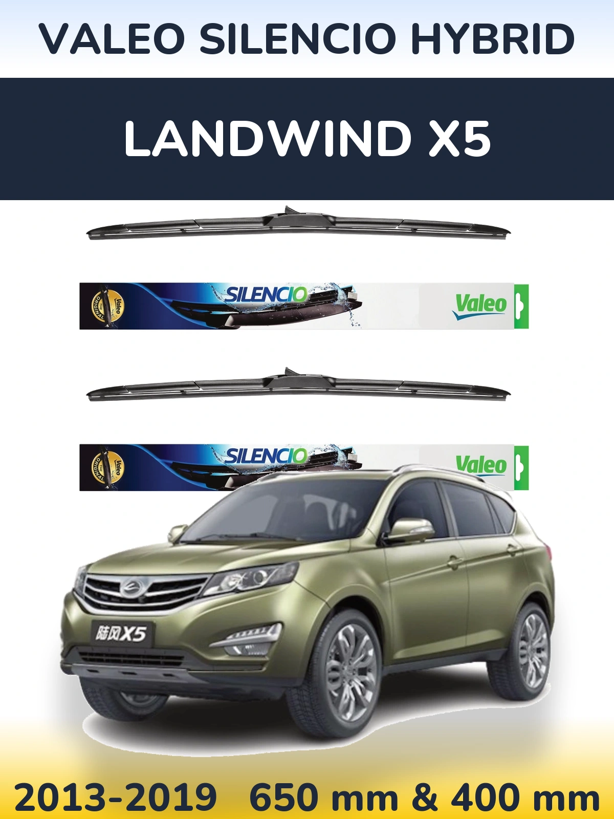 Front wiper blade set Valeo Silencio Hybrid 650 & 400 mm for Landwind X5 2013-2019