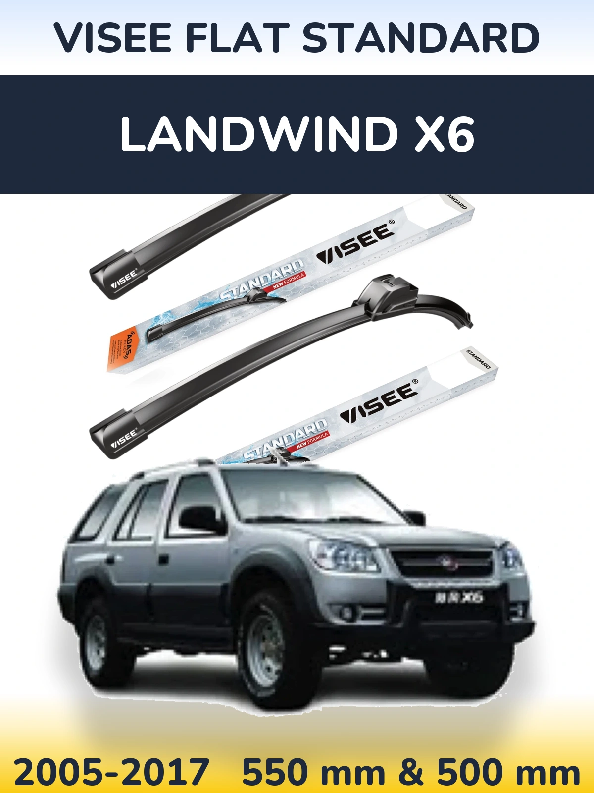 Front wiper blade set VISEE FLAT STANDARD 550 & 500 mm for Landwind X6 2005-2017