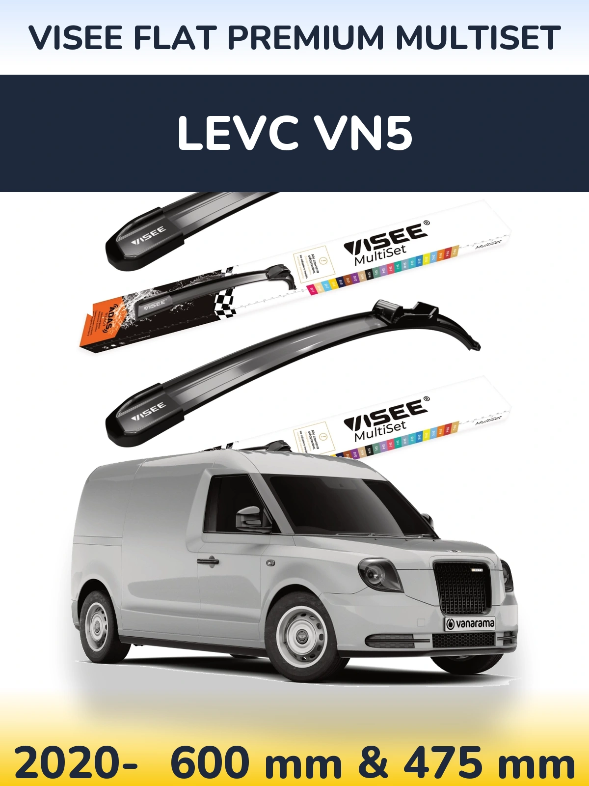 Front wiper blade set VISEE FLAT PREMIUM MultiSet 600 & 475 mm for LEVC VN5 2020-2026