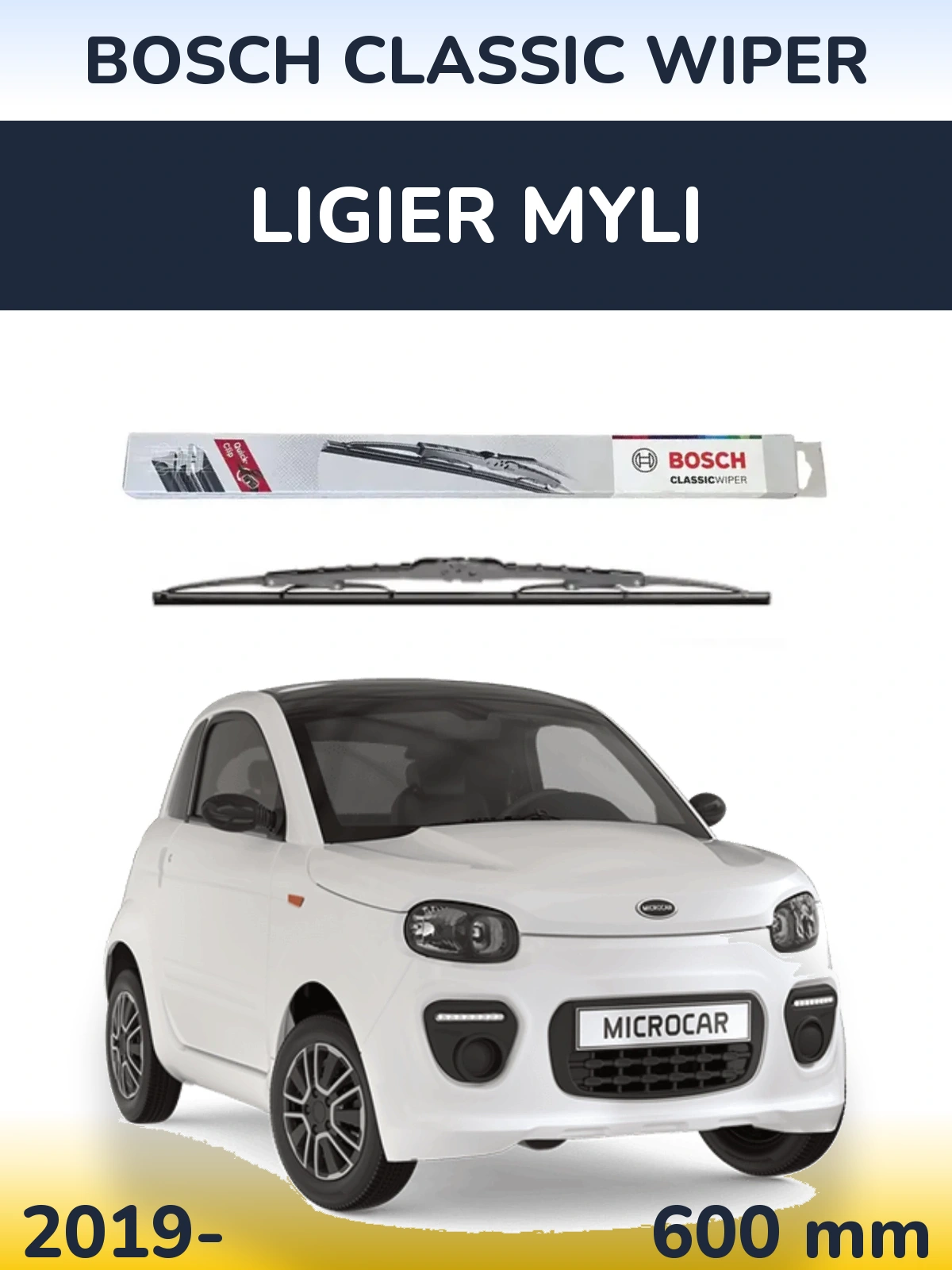 Front wiper blade BOSCH Classic Wiper 600 mm for Ligier Myli 2019-2026